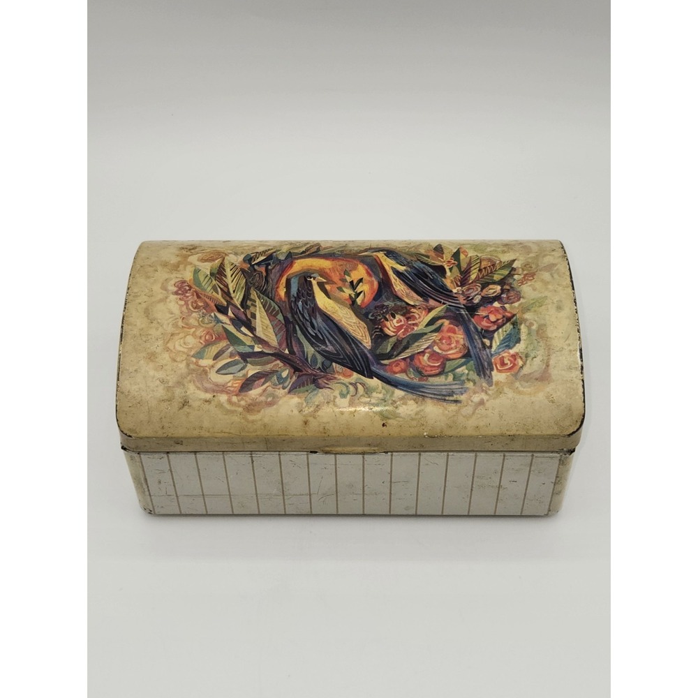 Vintage Metal Storage Tin Box Bird Floral Design Hinged Lid 6.5"